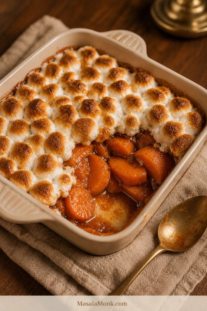 Small cream baking dish of canned candied yams with toasted mini marshmallows and a scooped corner showing orange yams underneath.