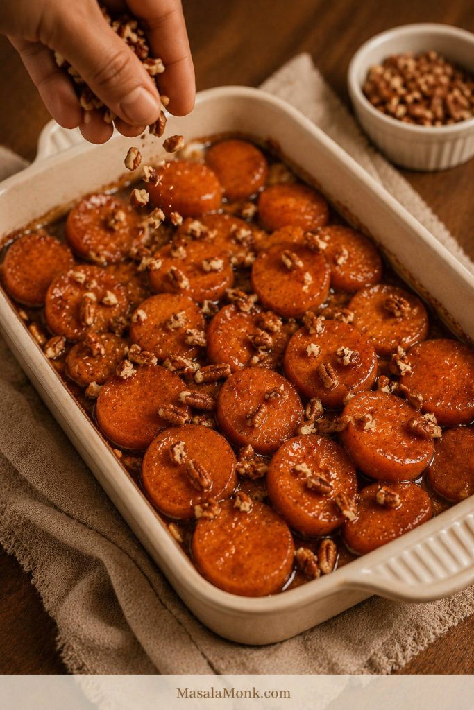 Hand sprinkling chopped pecans over candied yam slices in a cream baking dish.
