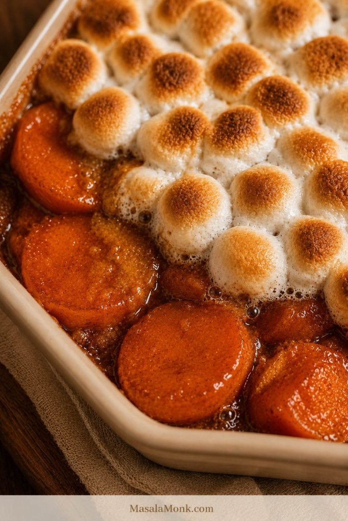 Close-up of toasted mini marshmallows on candied yams with orange yam slices visible underneath.