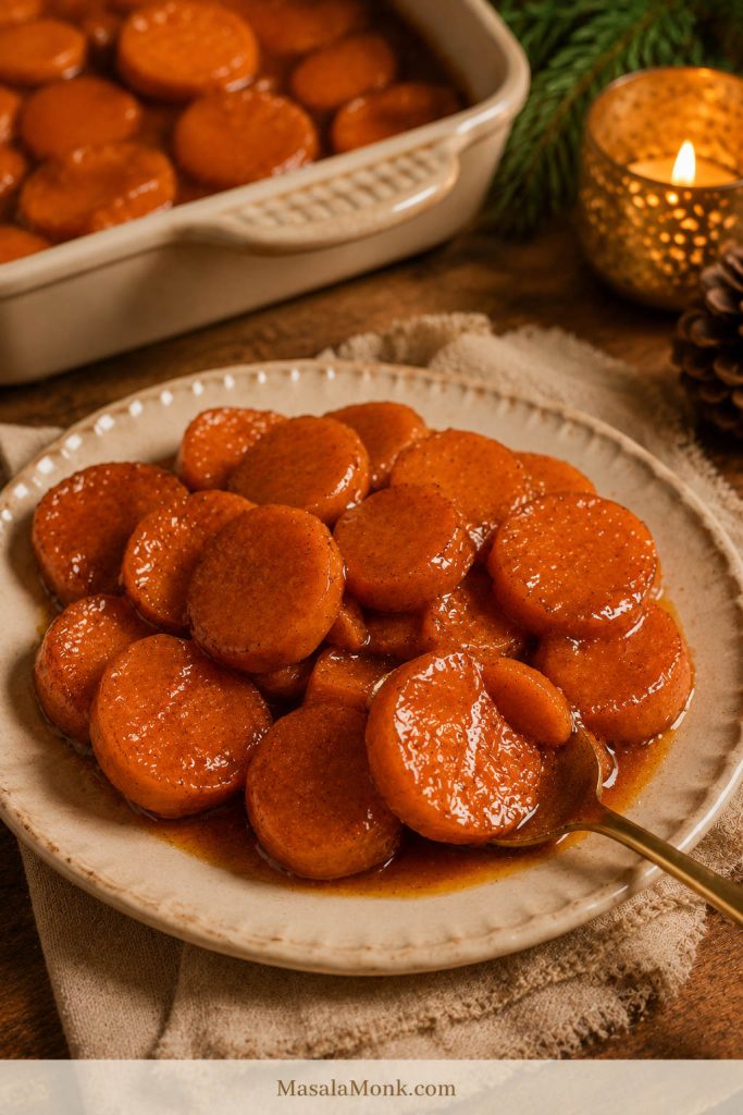Candied yams without marshmallows served on a cream plate with brown sugar sauce.