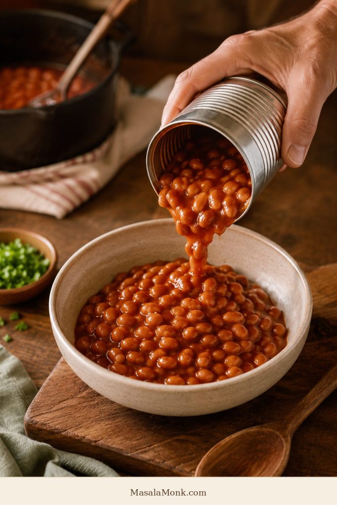 Canned baked beans poured from an unlabeled can into a bowl.