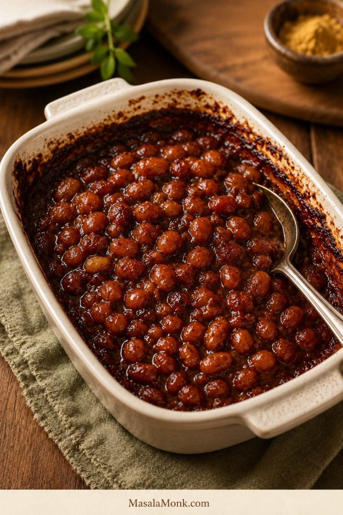 Upgraded canned baked beans baked in a small casserole dish.