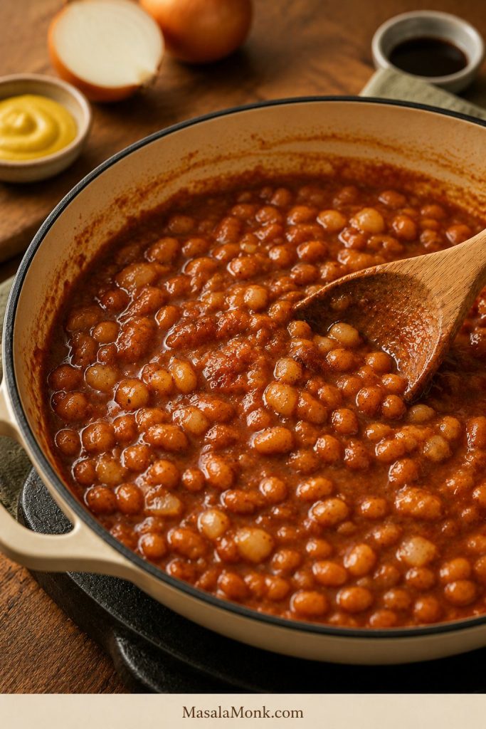 Canned baked beans stirred in a skillet with onion and seasoning.