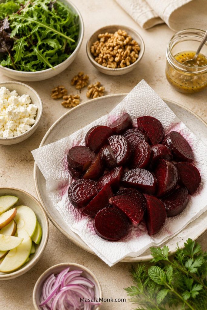 Cooked beet slices on paper towel with feta, walnuts, greens, apple slices, herbs, onion, and dressing nearby.