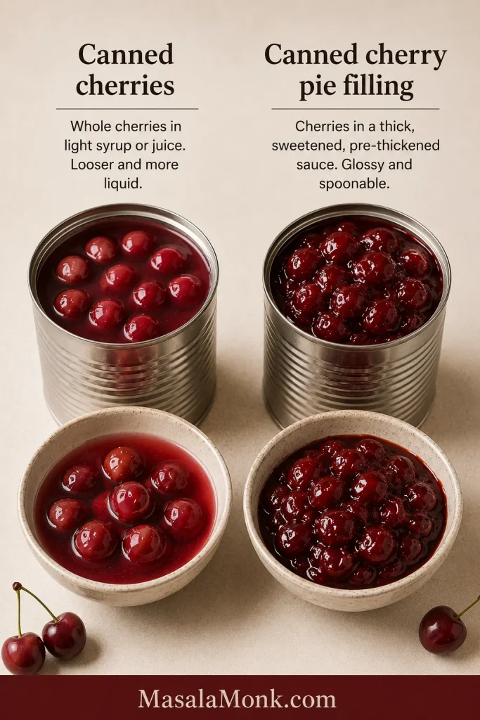 Canned cherries in loose syrup shown beside canned cherry pie filling in a thick glossy sauce.