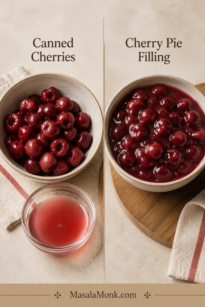 Side-by-side bowls showing drained canned cherries with reserved liquid and thick canned cherry pie filling.