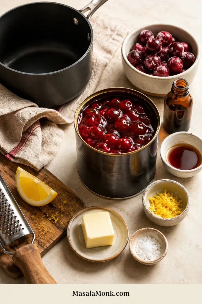 Canned cherry pie filling with lemon, zest, vanilla, almond extract, butter, salt, extra cherries, and a saucepan.
