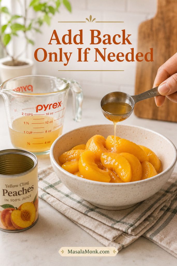 A spoon adding a small amount of reserved canned peach syrup to drained peaches in a bowl.