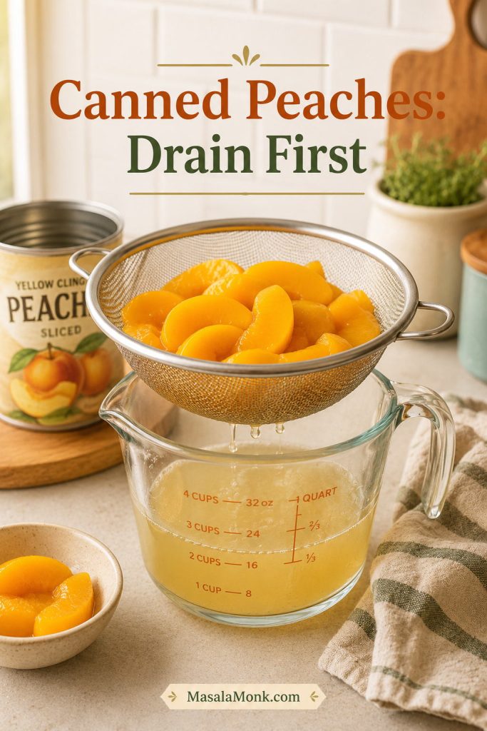 Canned peach slices draining in a sieve over a bowl with peach syrup collected below.