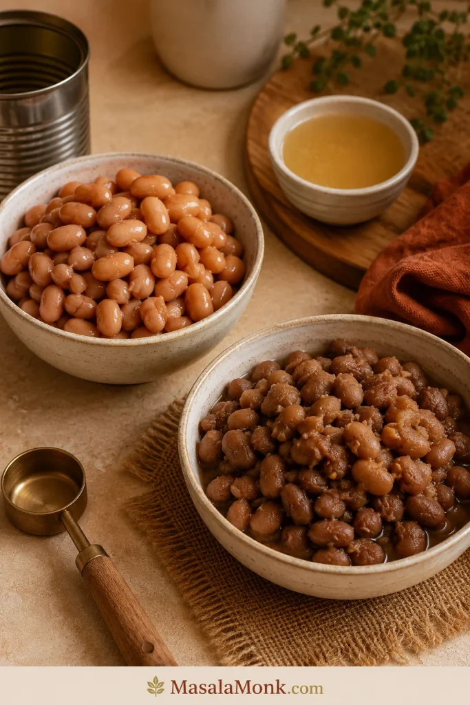 Two bowls of beans on a kitchen counter, one with smooth drained canned beans and one with cooked dried beans, with a small bowl of bean cooking liquid and an unlabeled can nearby.