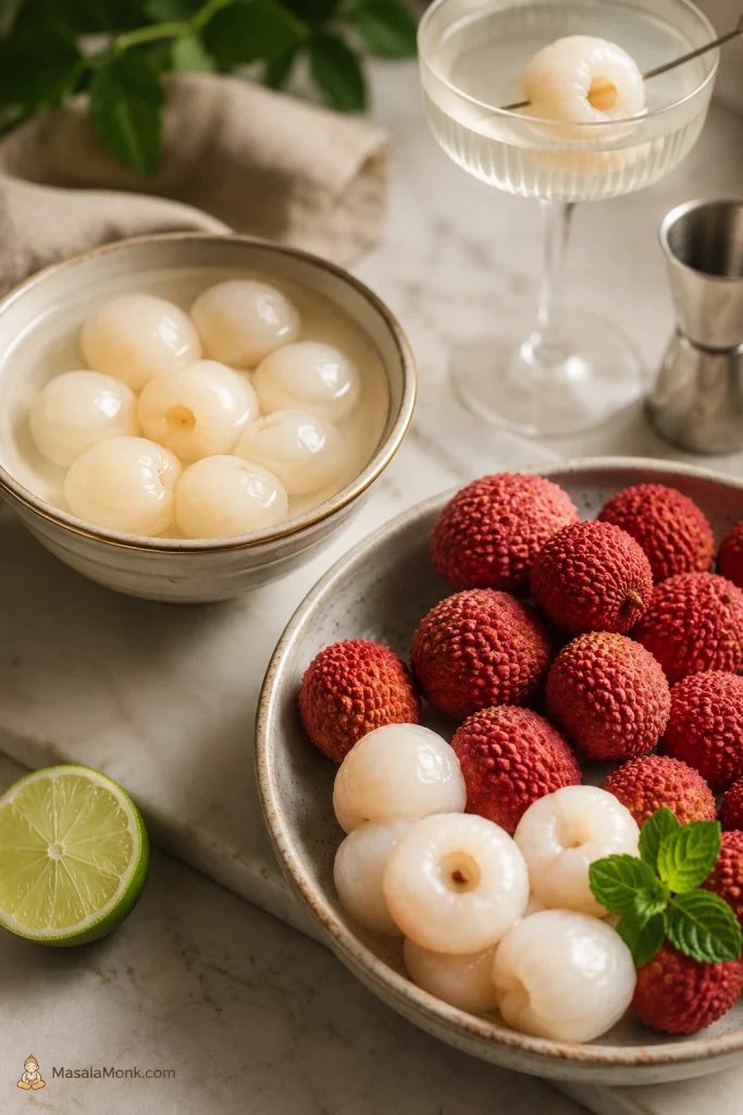 Canned lychees in syrup and fresh peeled lychees arranged side by side for comparing lychee martini ingredients.