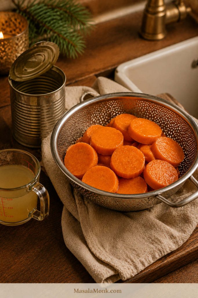 Drained canned yams in a metal colander with an opened unbranded can and a small measuring cup of liquid nearby.