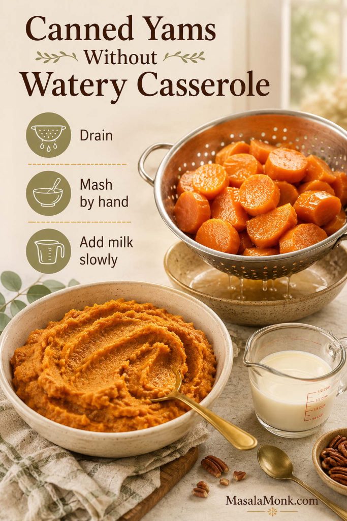 Drained canned yams in a colander with mashed sweet potatoes and tips to drain, mash by hand, and add milk slowly