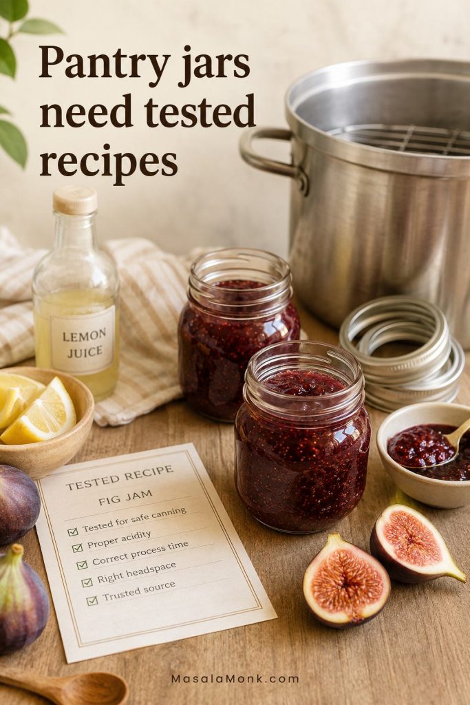 Canning safety setup for fig jam with jars, lemon juice, jar lids, water-bath pot, and a tested recipe checklist.