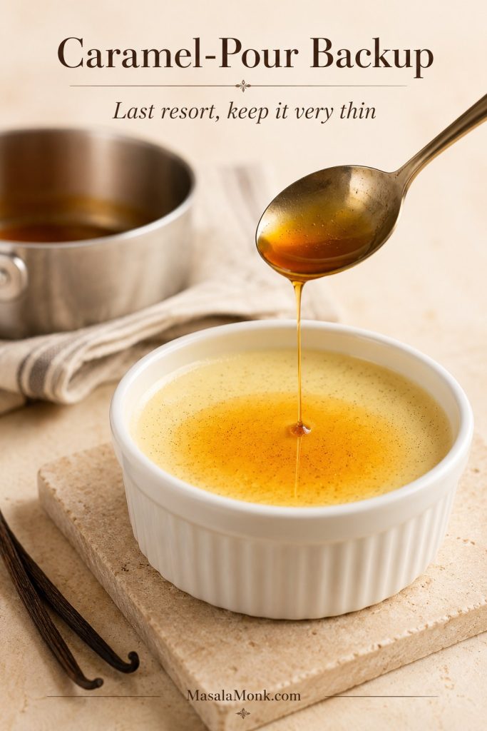 Thin amber caramel being poured from a spoon over cold vanilla custard in a shallow white crème brûlée ramekin.