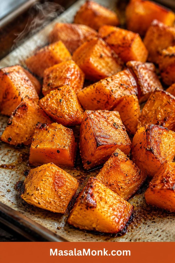 Close-up of roasted butternut squash cubes with browned edges, caramelized spots, black pepper, and steam on a baking sheet.