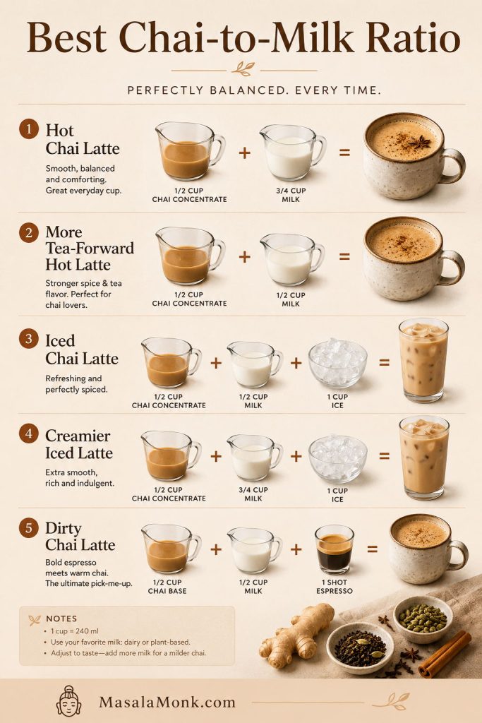 Best Chai-to-Milk Ratio guide comparing hot chai latte, tea-forward hot latte, iced chai latte, creamier iced latte, and dirty chai latte measurements.