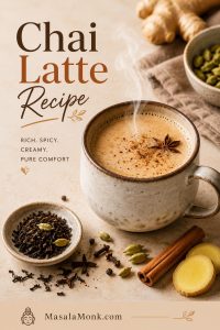 Creamy hot chai latte in a speckled mug with foam, cardamom pods, ginger, cinnamon sticks, cloves, peppercorns, and loose black tea on a warm neutral surface.