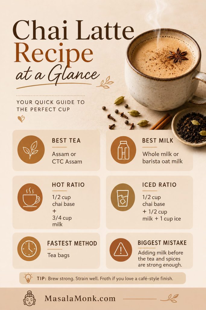 Chai Latte Recipe at a Glance board showing best tea, best milk, hot ratio, iced ratio, fastest method, and the mistake of adding milk too early.