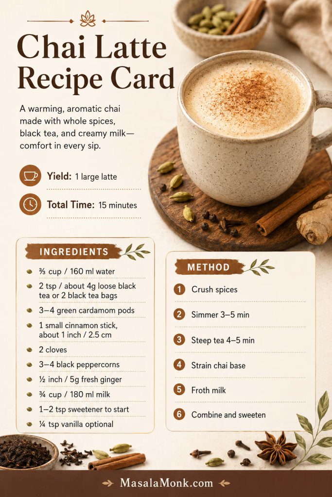 Chai Latte Recipe Card with a finished latte, yield, total time, exact ingredients, and method steps for simmering spices, steeping tea, straining, frothing, and combining.