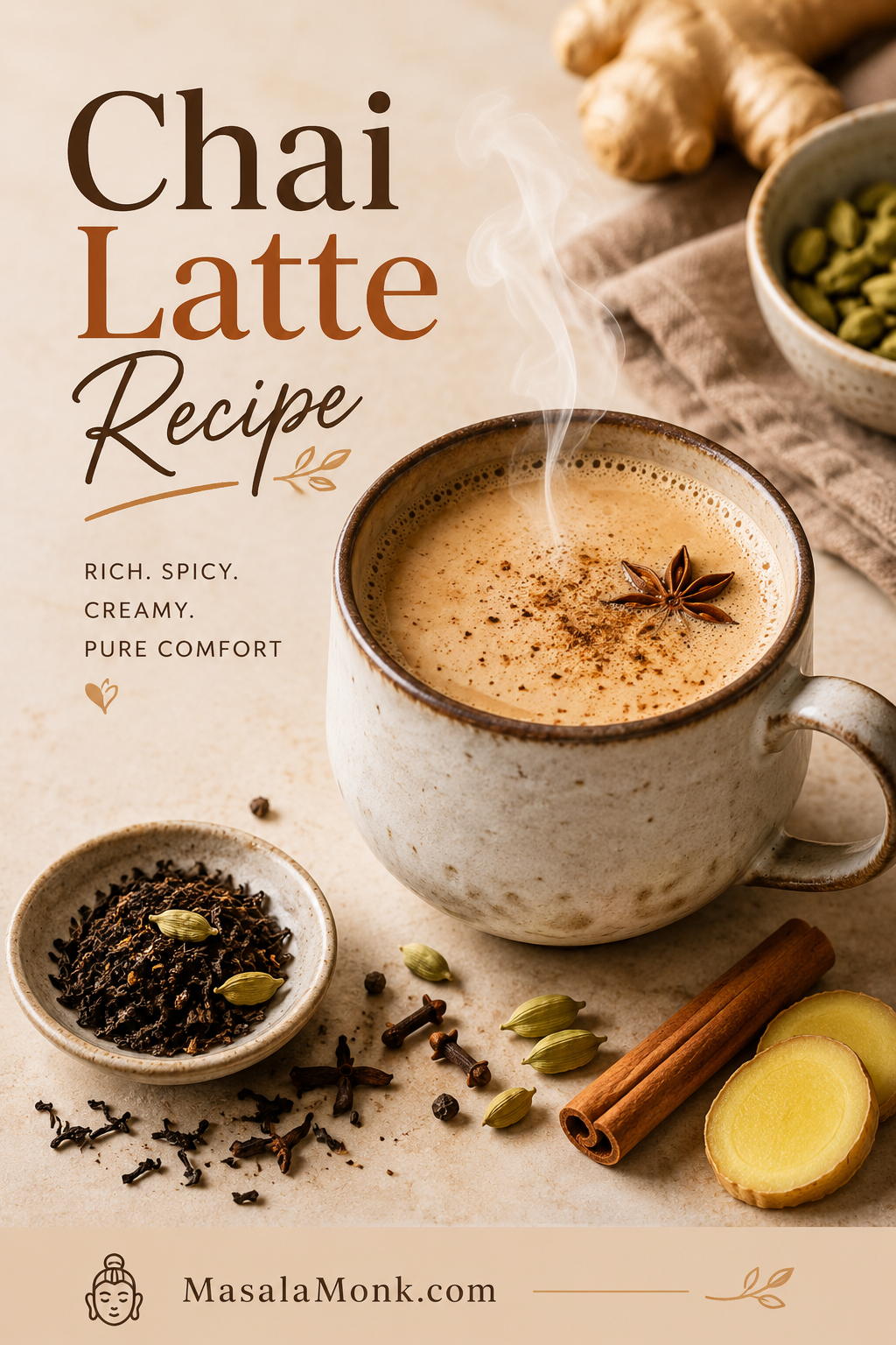 Creamy hot chai latte in a speckled mug with foam, cardamom pods, ginger, cinnamon sticks, cloves, peppercorns, and loose black tea on a warm neutral surface.