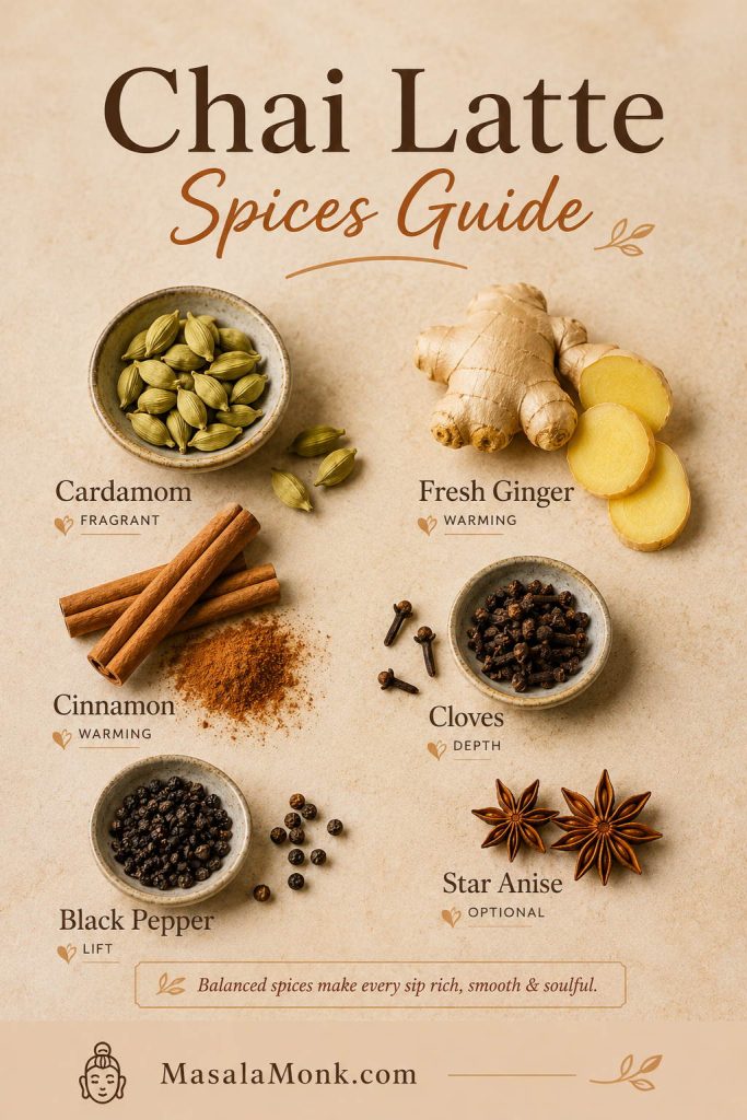 Chai Latte Spices Guide with labeled cardamom, fresh ginger, cinnamon, cloves, black pepper, and optional star anise on a warm neutral background.