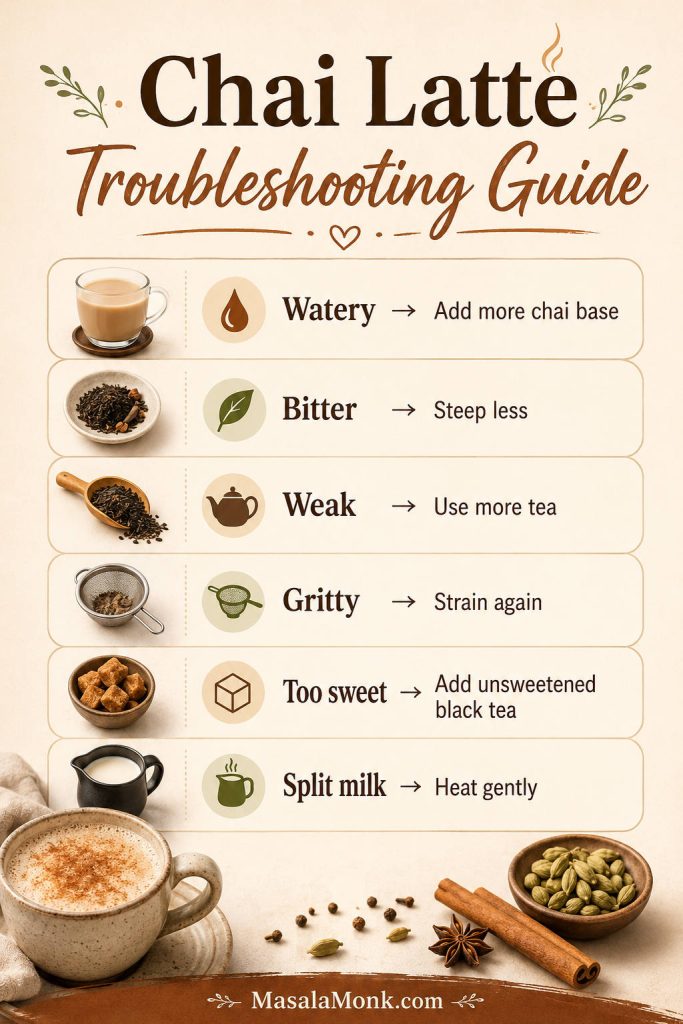 Chai Latte Troubleshooting Guide listing watery, bitter, weak, gritty, too sweet, and split milk with fixes such as add more chai base and strain again.