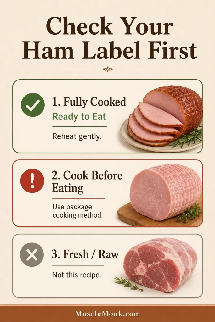 Infographic explaining fully cooked, ready-to-eat, cook-before-eating, and fresh or raw ham label categories.