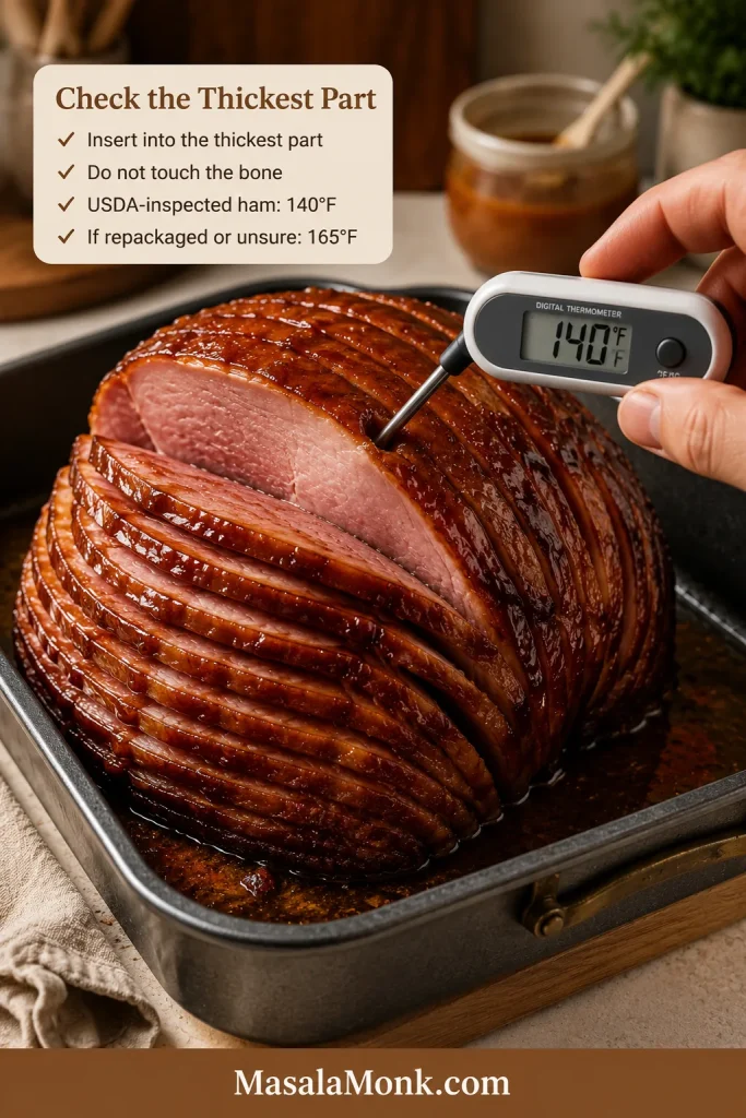 Instant-read thermometer inserted into the thickest part of a honey glazed ham with 140°F and 165°F temperature guidance.