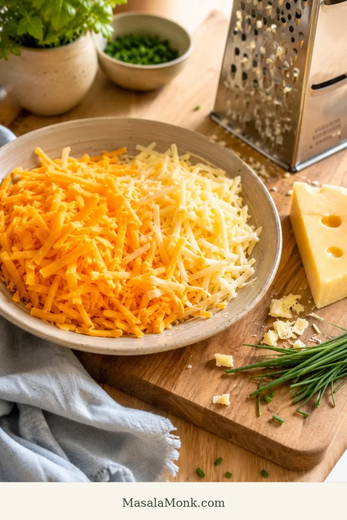 Shredded cheddar and pale Swiss or Gruyère cheese on a board with a grater and chopped chives nearby.