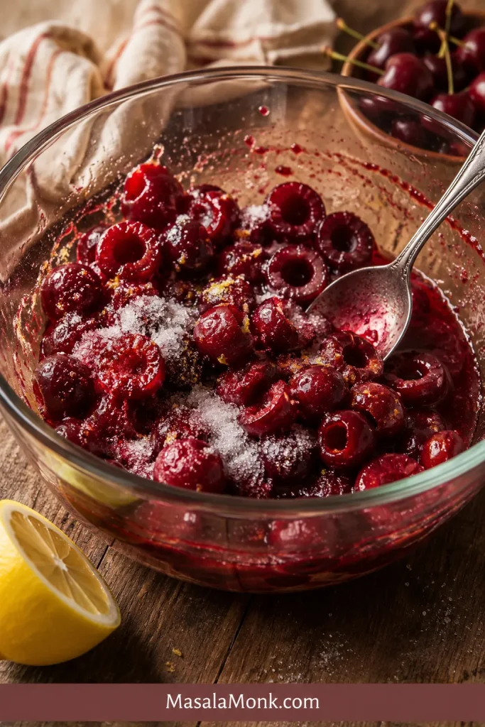 Pitted cherries mixed with sugar and lemon in a clear glass bowl, with cherry juice beginning to collect at the bottom.