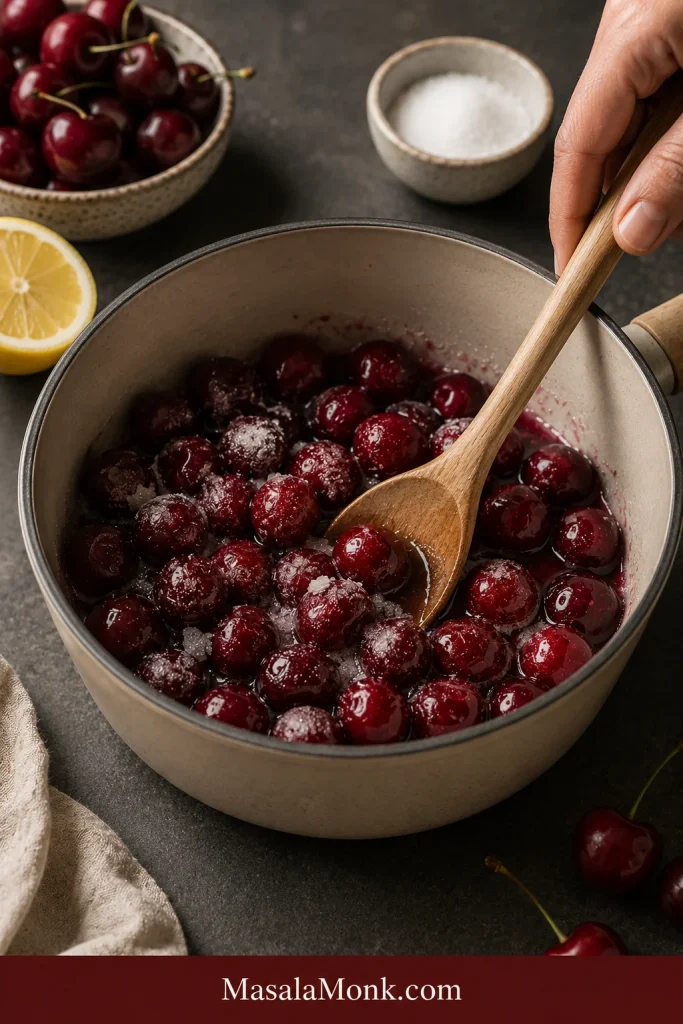 Cherries, sugar, lemon juice, and a small amount of liquid being stirred in a saucepan.