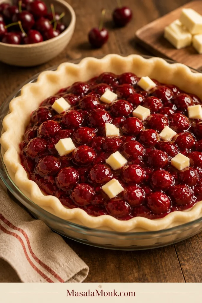 Thick cherry pie filling spooned into an unbaked pie crust with small cubes of butter dotted across the top.