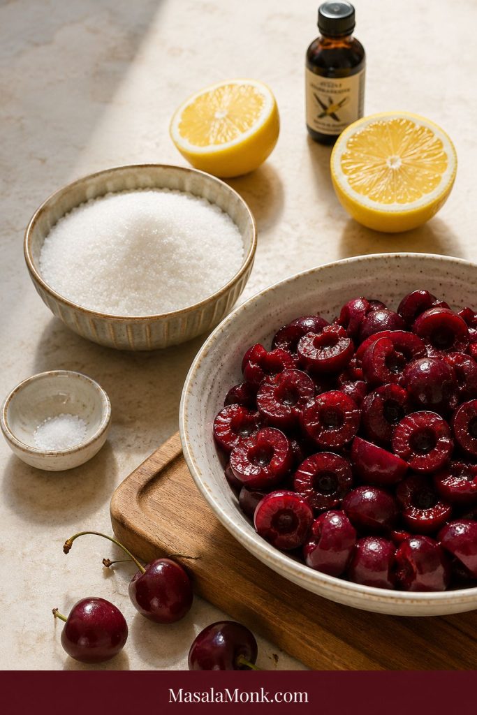Pitted cherries in a bowl with sugar, lemon halves, salt, and a small flavoring bottle on a light surface.