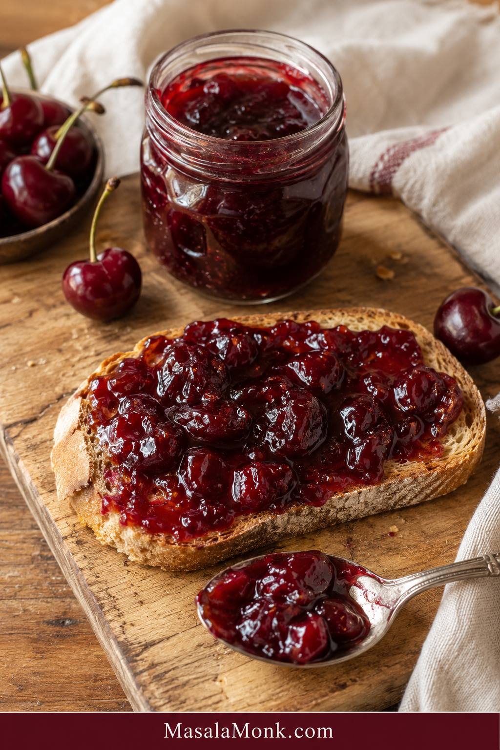 Glossy homemade cherry jam with visible cherry pieces spread on toast beside an open jar and spoon.
