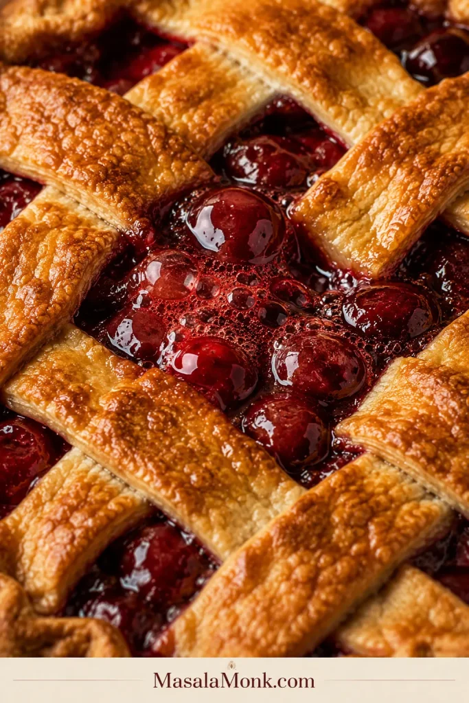 Close-up of thick cherry filling actively bubbling through the center of a golden lattice pie crust.