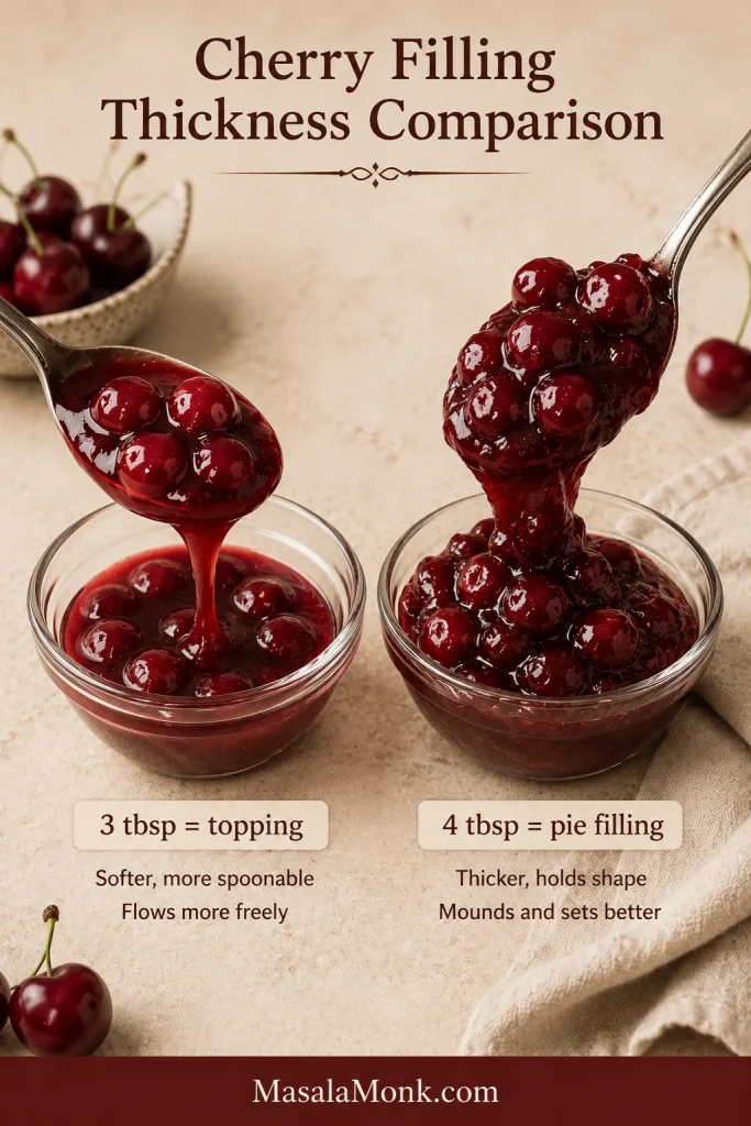Two cherry fillings comparing a softer topping made with 3 tablespoons cornstarch and a thicker pie filling made with 4 tablespoons cornstarch.