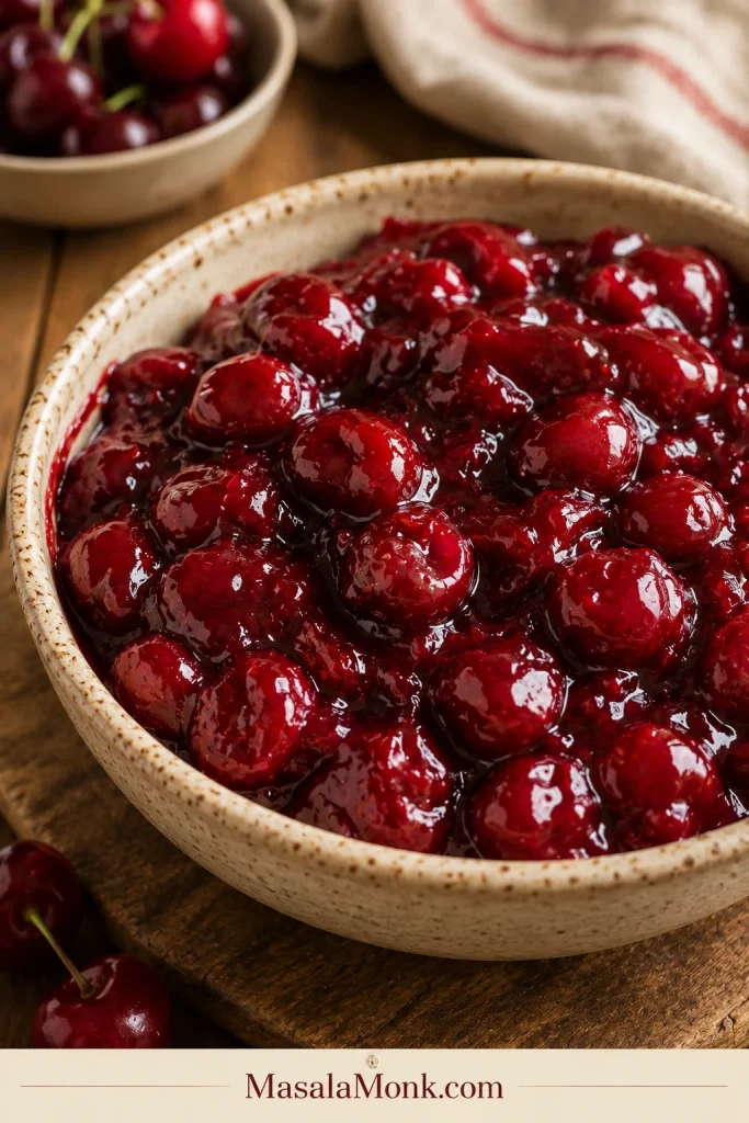 Cherries coated in thick glossy red syrup in a bowl, with no loose watery liquid pooling at the bottom.