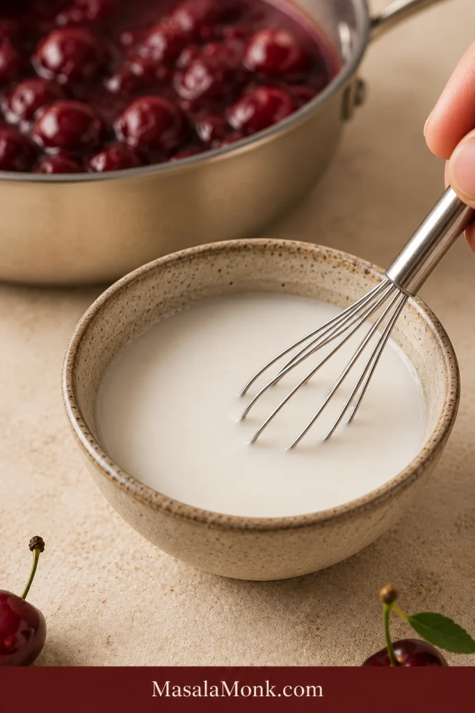 Cornstarch slurry being whisked in a small bowl before adding it to cherry filling.