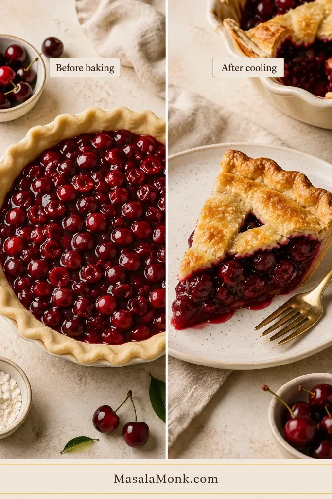 Cherry filling in an unbaked pie crust shown beside a cooled cherry pie slice holding its shape.