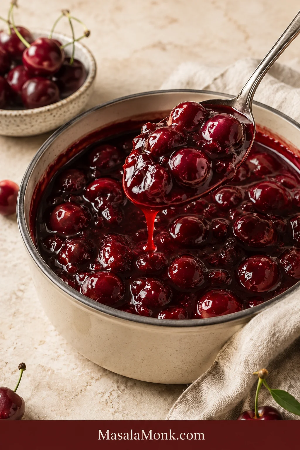 Glossy cherry pie filling with whole cherries being lifted from a saucepan on a spoon.