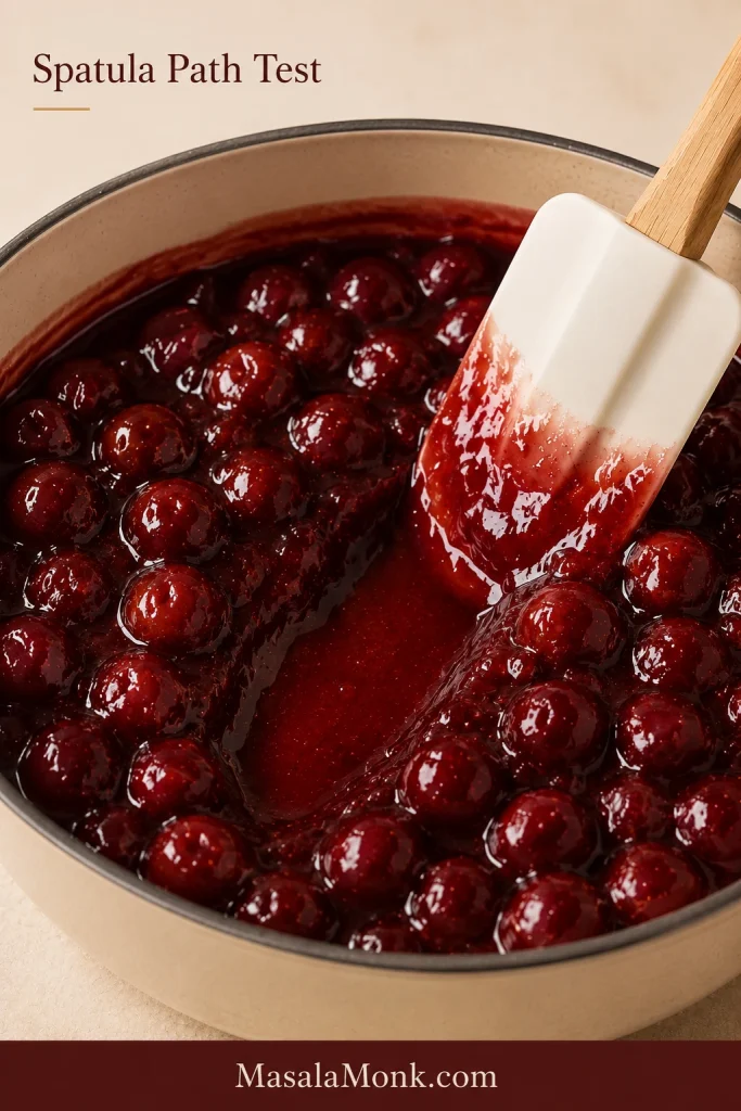 A spatula dragged through thick cherry pie filling, leaving a visible path in the sauce.
