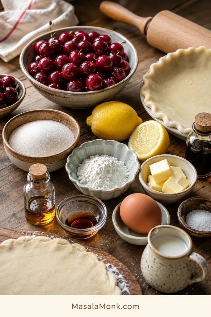 Cherry pie ingredients arranged on a wooden table, including cherries, sugar, cornstarch, lemon, butter, egg, extracts, and pie crust.