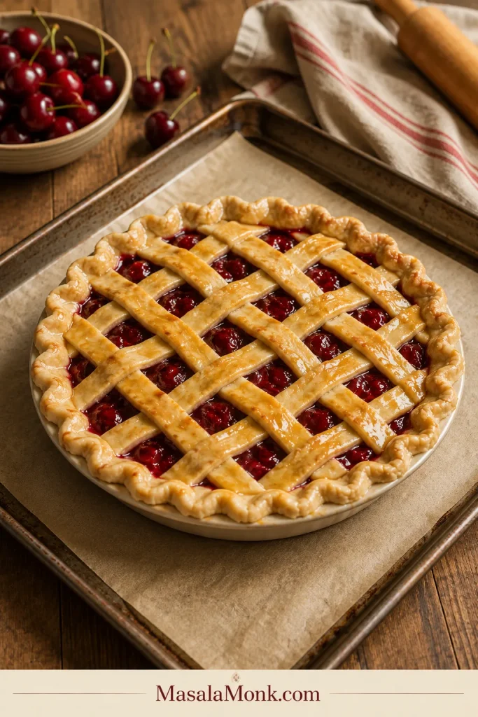 An unbaked lattice cherry pie sitting on parchment paper inside a rimmed baking sheet before going into the oven.