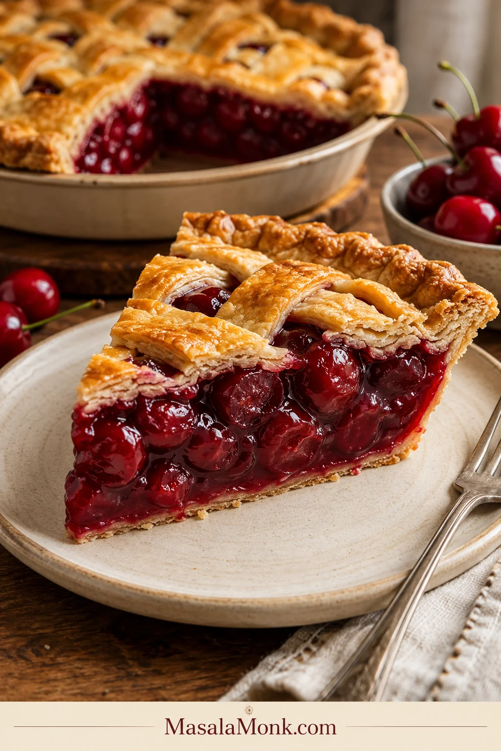 A thick slice of cherry pie on a cream plate with ruby cherry filling holding together inside a golden flaky crust.