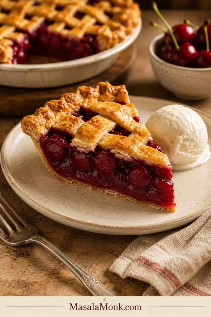 A slice of cherry pie with thick ruby filling served on a cream plate with vanilla ice cream beside it.