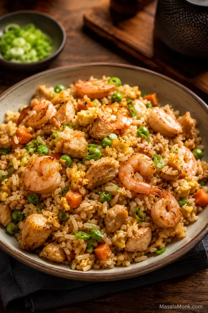 Chicken and shrimp fried rice with plump shrimp, browned chicken pieces, egg, peas, carrots, scallions, and glossy rice.
