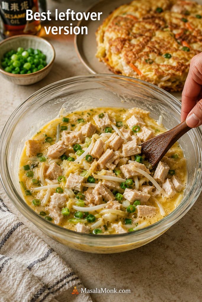 Cooked chopped chicken being folded into Egg Foo Young batter with bean sprouts, scallions, and vegetables in a glass bowl.