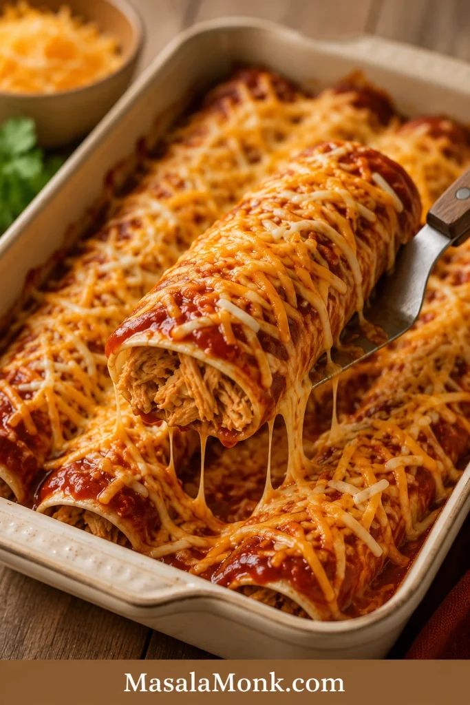 A spatula lifting one saucy chicken enchilada from a baking dish, with melted cheese stretching and shredded chicken visible inside.