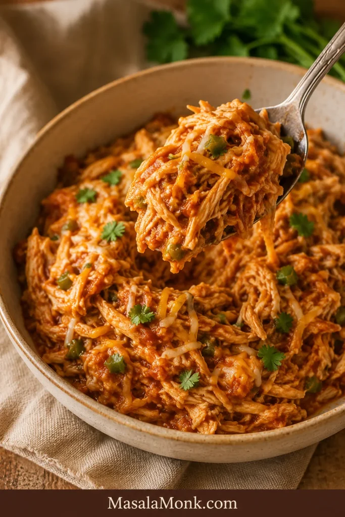 Shredded chicken filling mixed with red enchilada sauce, cheese, green chiles, and spices in a bowl, with a spoon lifting the mixture.